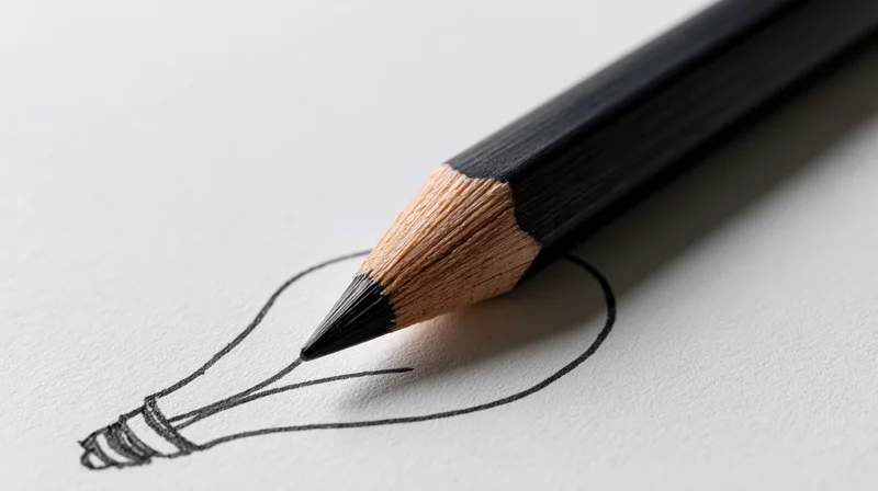 Sharpened black pencil resting on white paper with hand-drawn lightbulb sketch