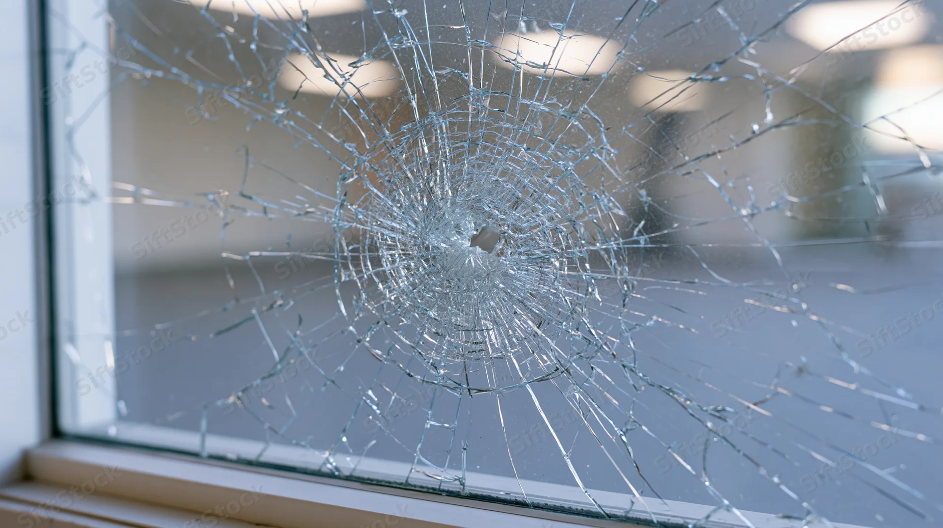 Shattered glass window with central impact point and radiating cracks in a white frame