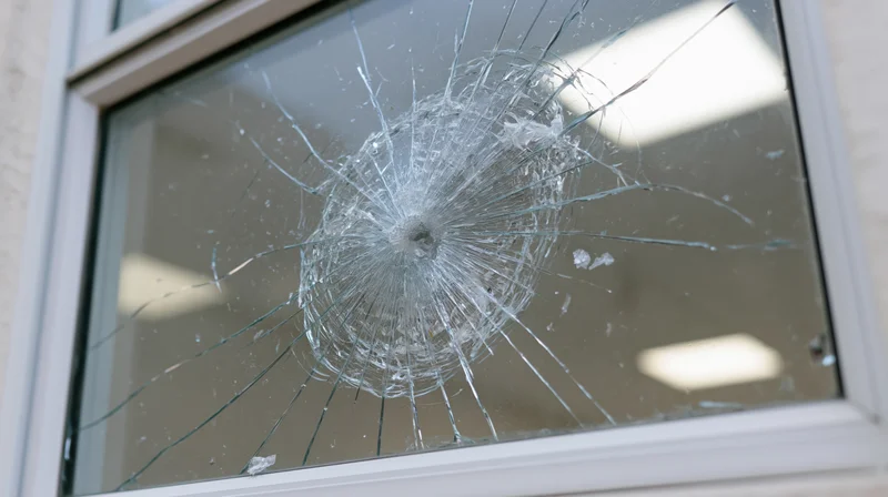 Shattered glass window pane with central impact point and radiating cracks in white frame