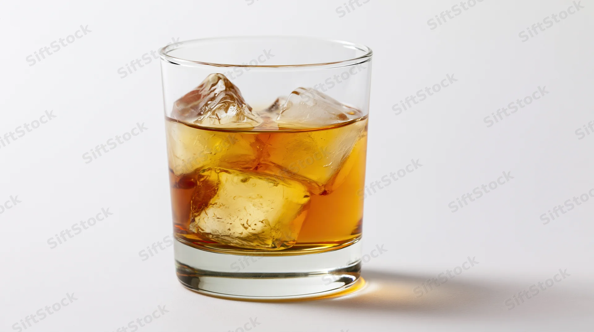 Amber whiskey with ice cubes in a short rocks glass on white background