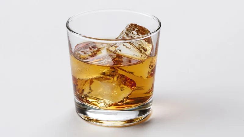 Amber whiskey with ice cubes in a short glass on white background