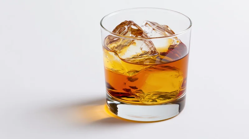 Amber whiskey with ice in a rocks glass on white background