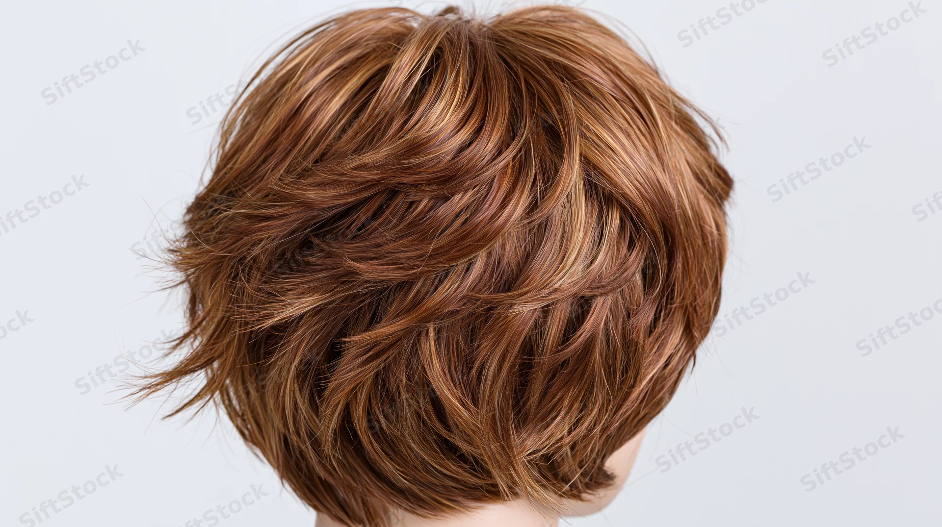 Back view of a short tousled auburn wig on a mannequin head against white background