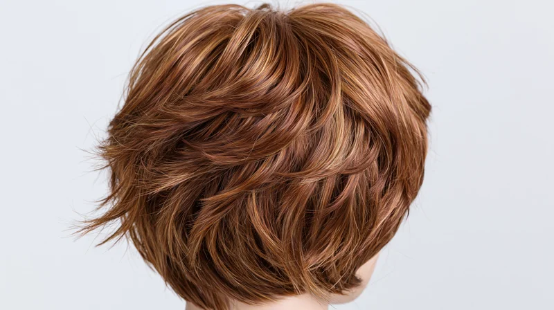 Back view of a short tousled auburn wig on a mannequin head against white background