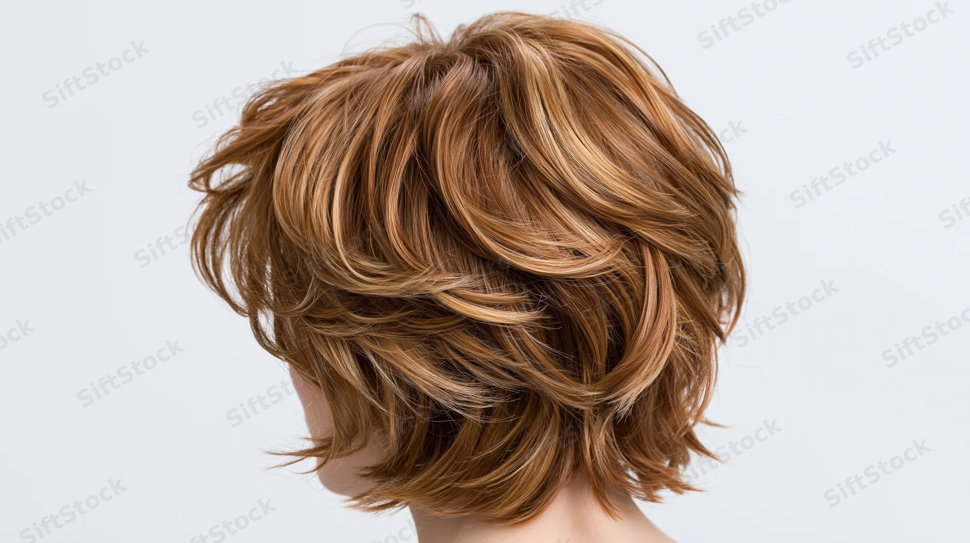 Short tousled auburn wig displayed on plain white background