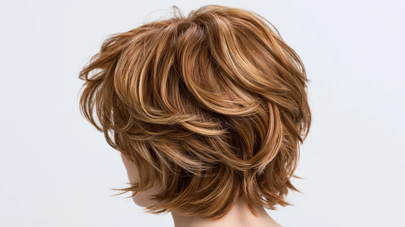 Short tousled auburn wig displayed on plain white background
