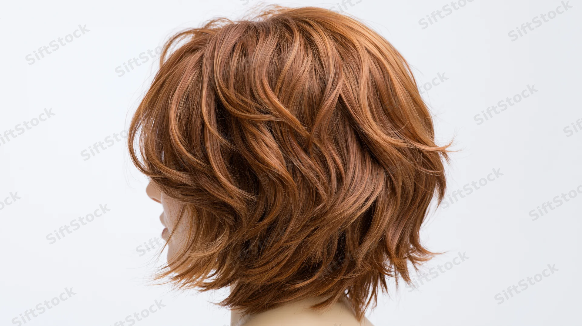 Short tousled auburn wig on mannequin head against white background