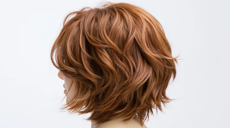 Short tousled auburn wig on mannequin head against white background