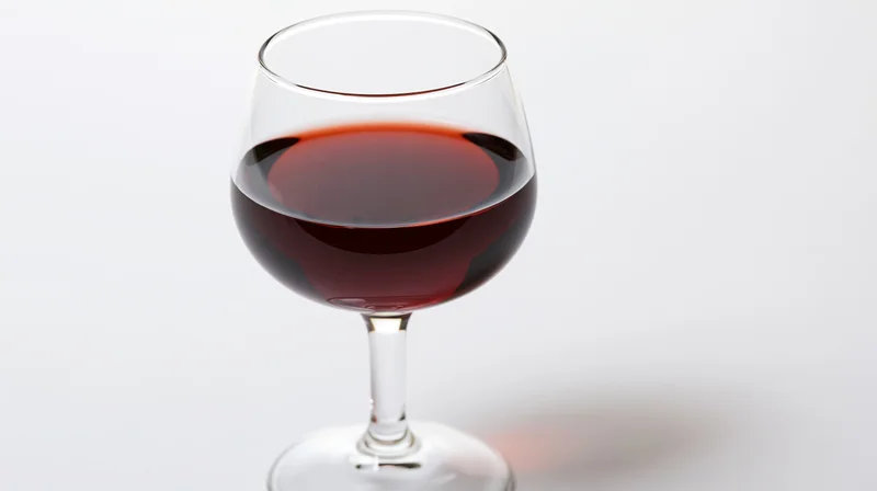 A burgundy-style wine glass half-filled with deep red wine on a white background