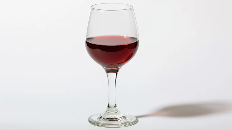 A burgundy-style wine glass half-filled with deep red wine on a white background