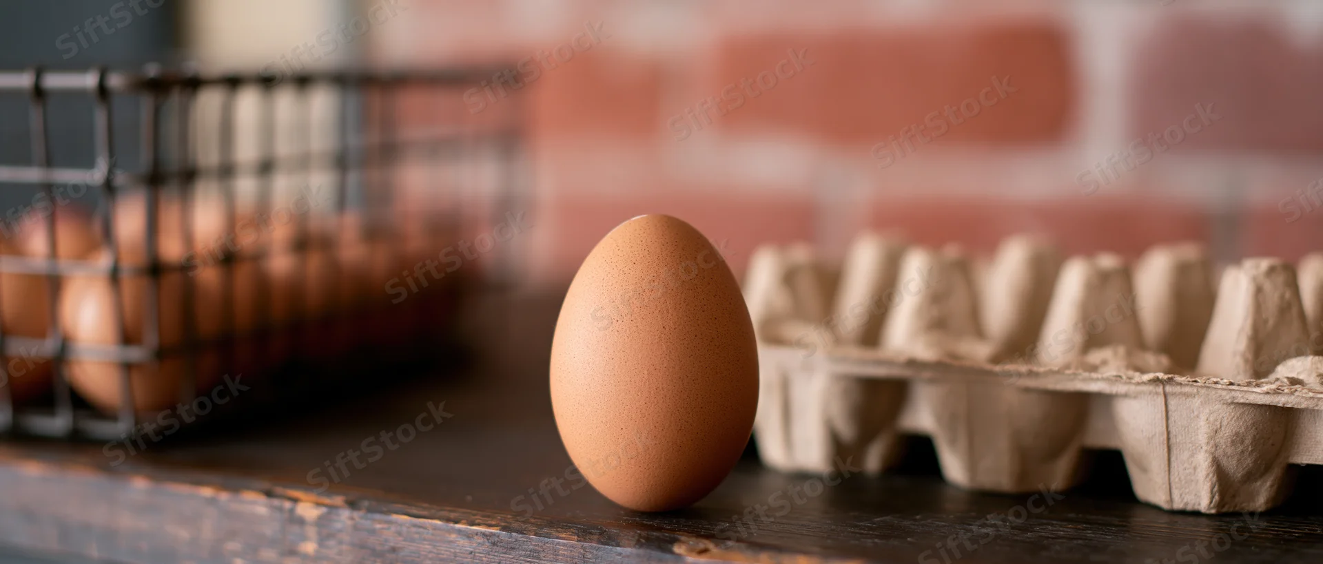 Single brown chicken egg standing upright on dark wooden surface with carton and wire basket in background