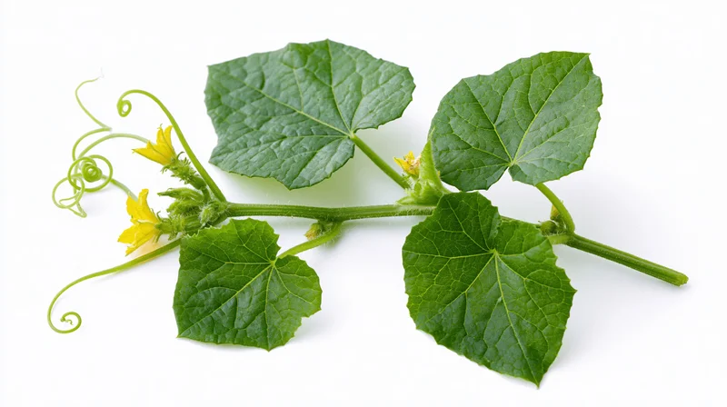 Cucumber vine branch with green leaves and yellow flowers on white background