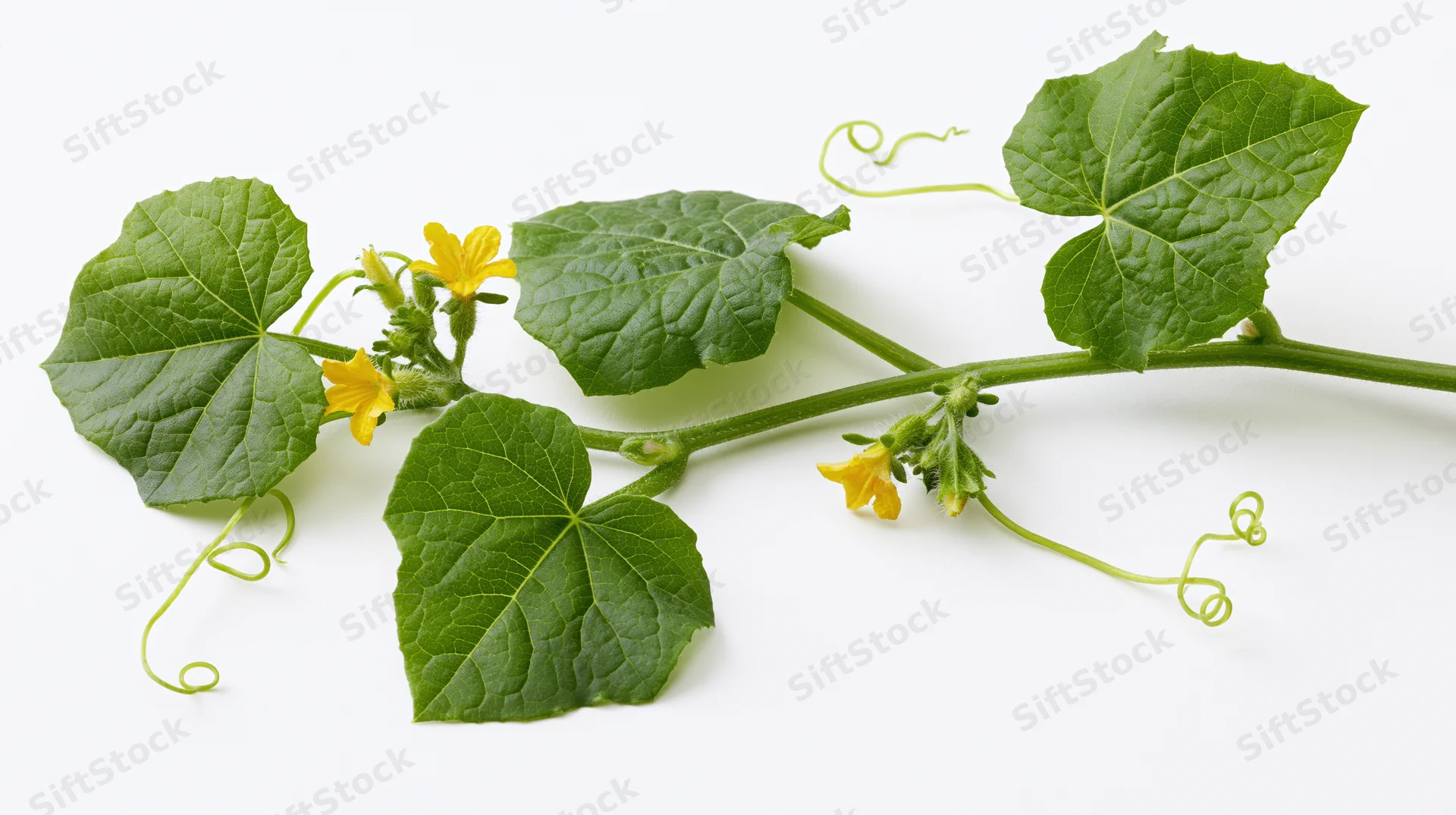 Cucumber vine with green leaves and yellow flowers on white background