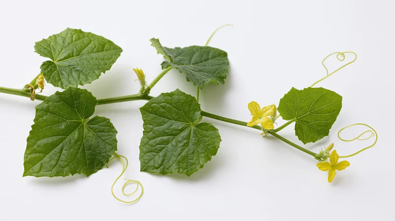 Cucumber vine with green leaves and yellow flowers on white background