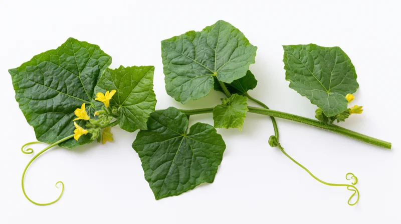 Cucumber vine branch with green leaves and yellow flowers on white background