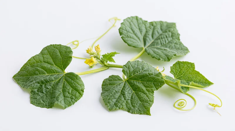 Cucumber vine with leaves and yellow flowers laid flat on white surface