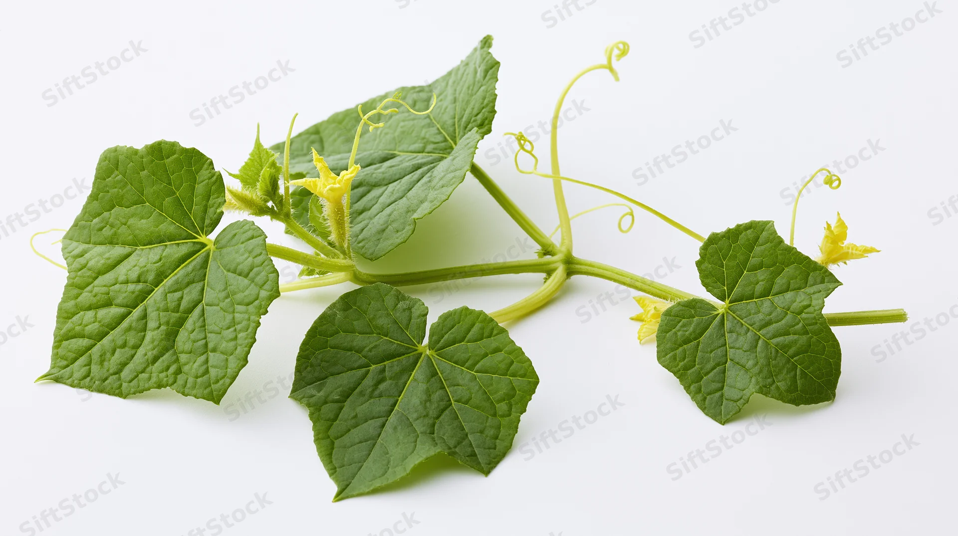Cucumber vine with leaves and yellow flowers laid flat on white background