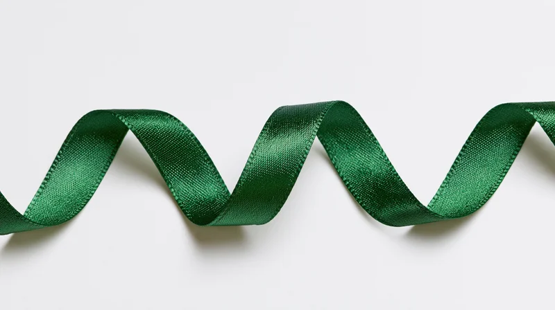 Dark green satin ribbon curling in a zigzag pattern on white background