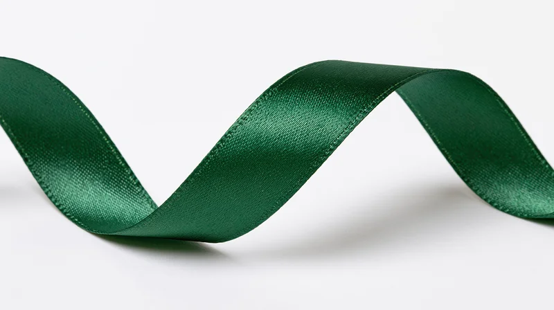 Dark green satin ribbon curling in a loose zigzag pattern on white background