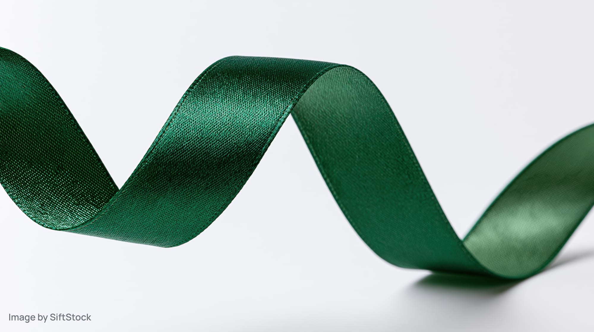 Dark green satin ribbon twisted and curling loosely on white background