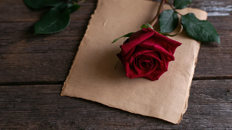 Deep red rose with green leaves resting on a brown paper envelope on dark wooden table