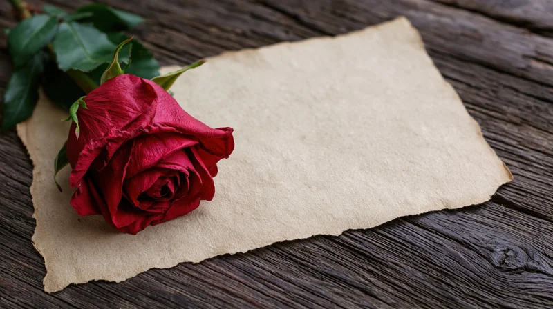 A deep red rose with green leaves rests beside a blank sheet of aged parchment paper on a dark wooden surface