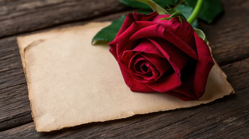 Deep red rose resting on aged parchment paper on dark wooden surface