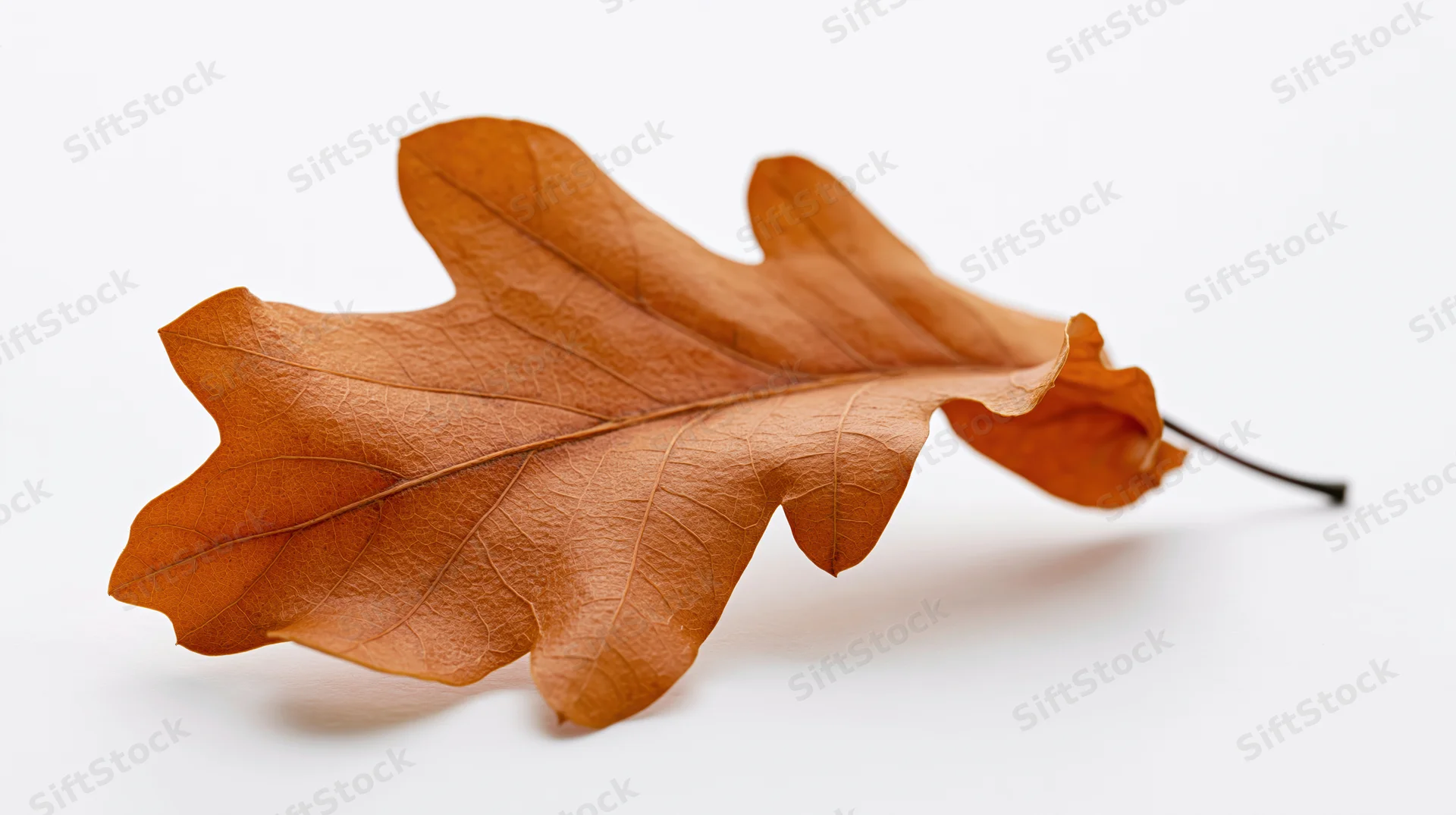 Dried oak leaf lying flat on white surface with curled edges