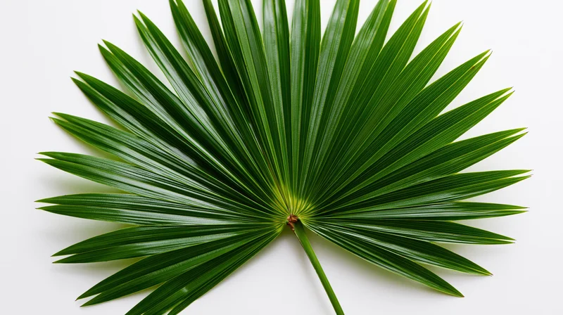Fan palm leaf laid flat on white background