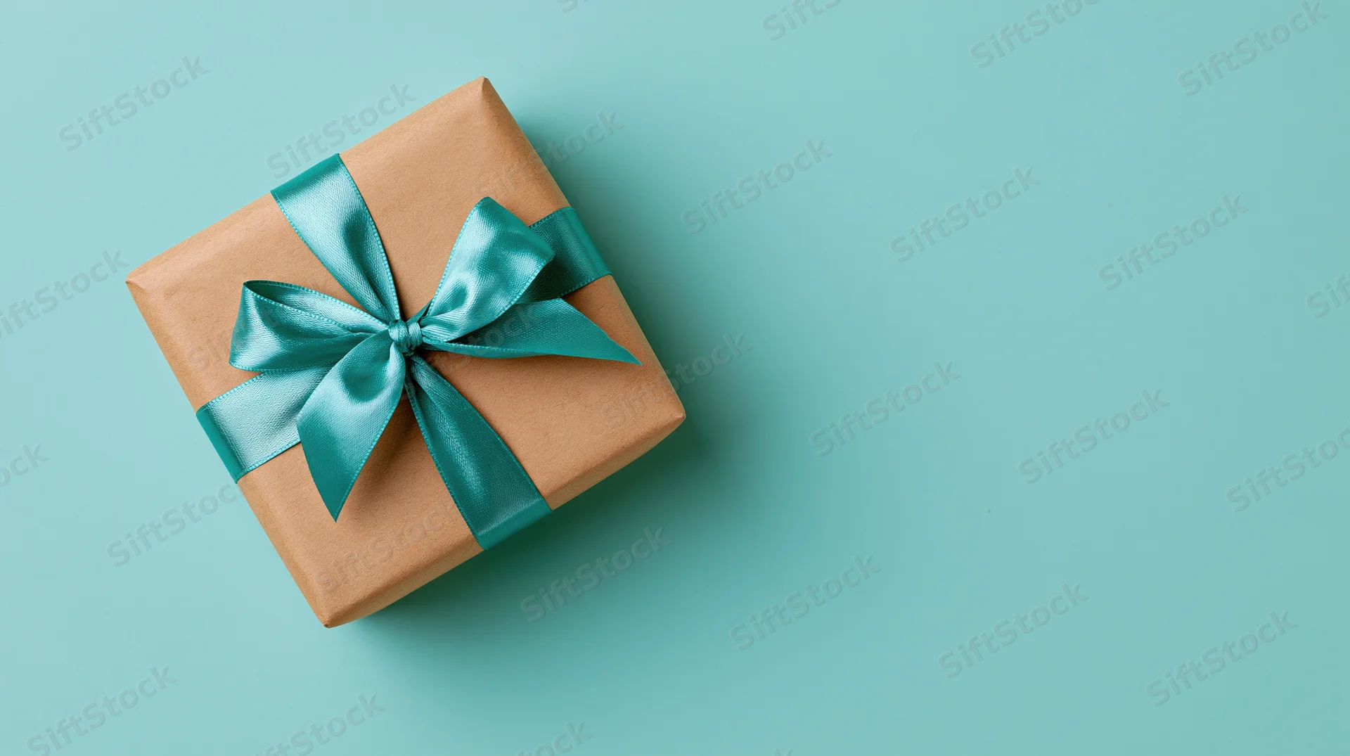 Gift box wrapped in brown kraft paper with teal ribbon bow on teal background