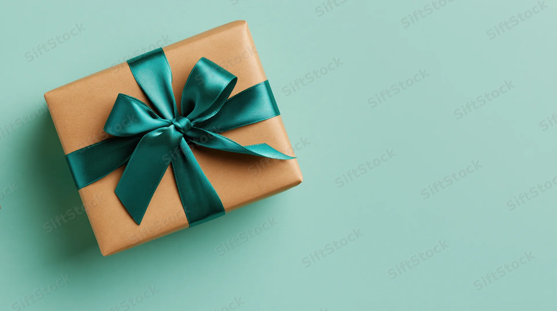 Gift box wrapped in brown kraft paper with teal ribbon bow on teal background