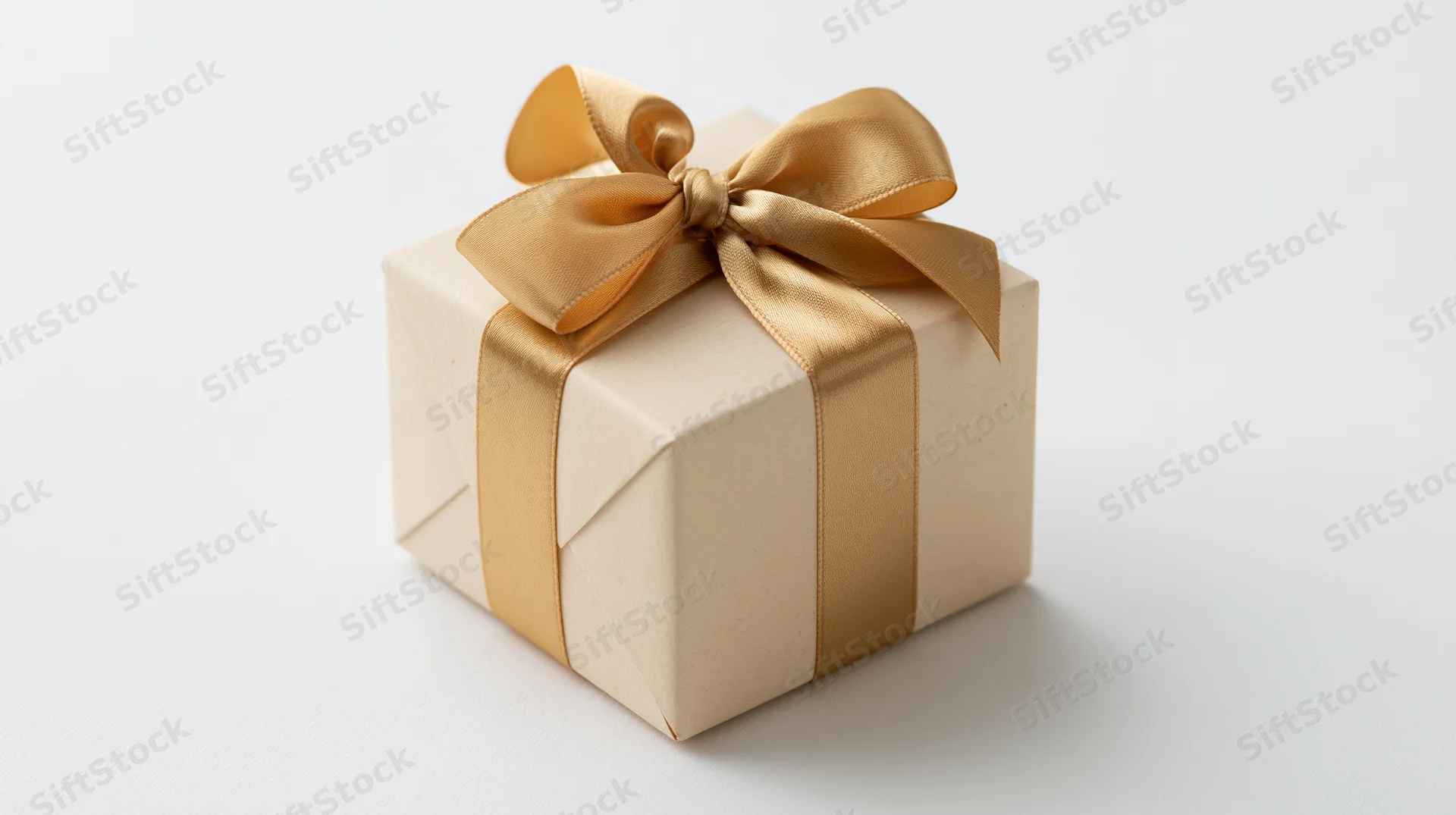 Gift box wrapped in champagne paper with gold ribbon bow on white background