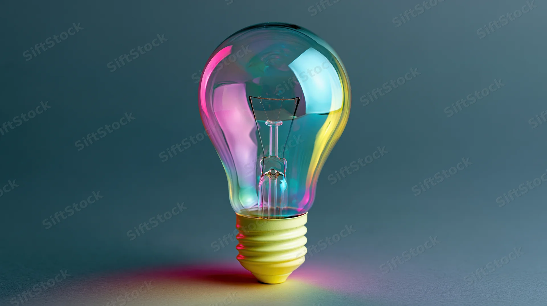 A single glass incandescent light bulb with iridescent rainbow reflections sitting upright on a dark surface