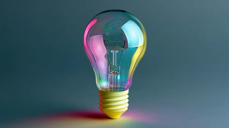 A single glass incandescent light bulb with iridescent rainbow reflections sitting upright on a dark surface