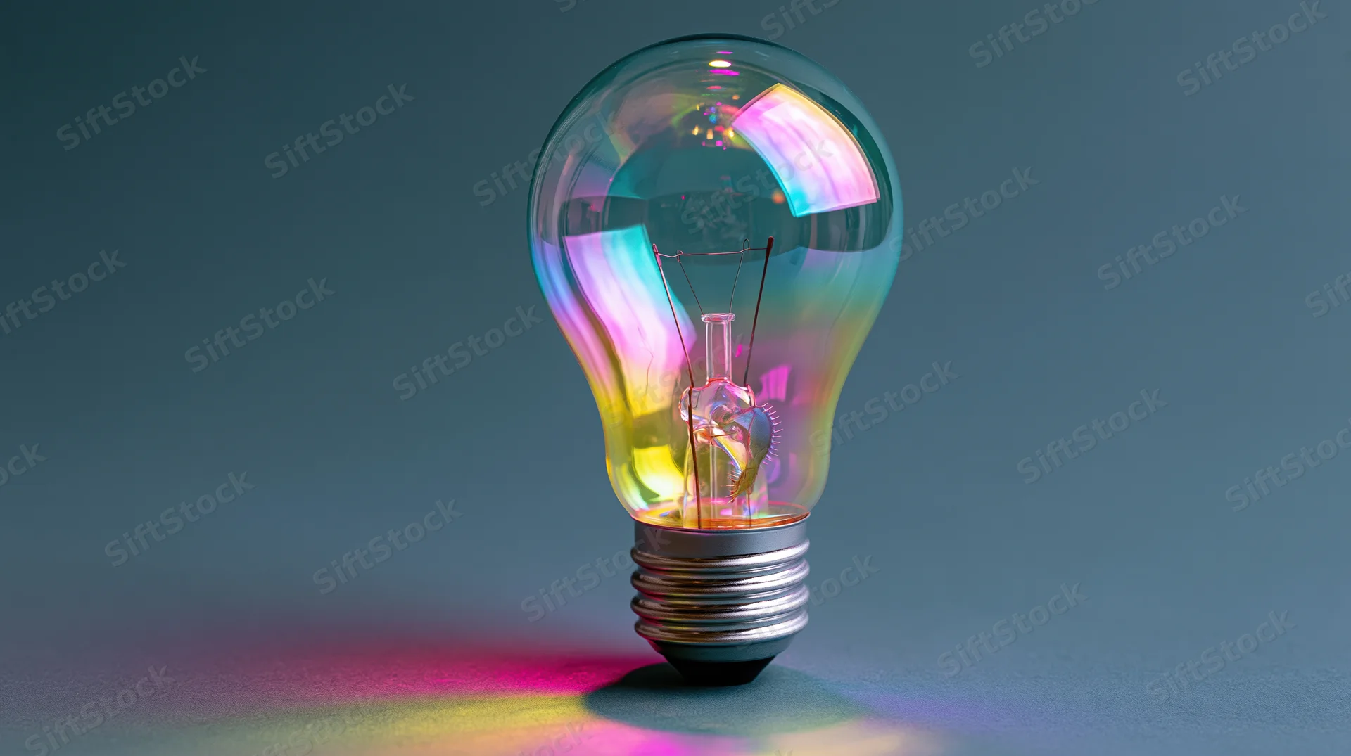 Illuminated glass incandescent light bulb with rainbow reflections on a dark surface