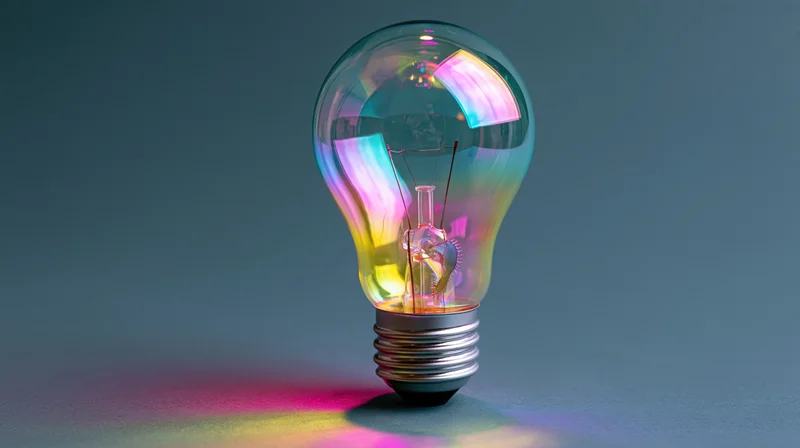 Illuminated glass incandescent light bulb with rainbow reflections on a dark surface