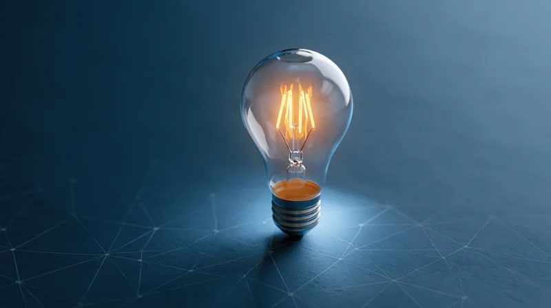 Glowing incandescent lightbulb on a dark blue surface with network pattern