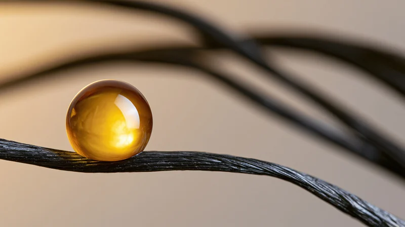 Glowing amber oil droplet resting on dark textured fiber cable