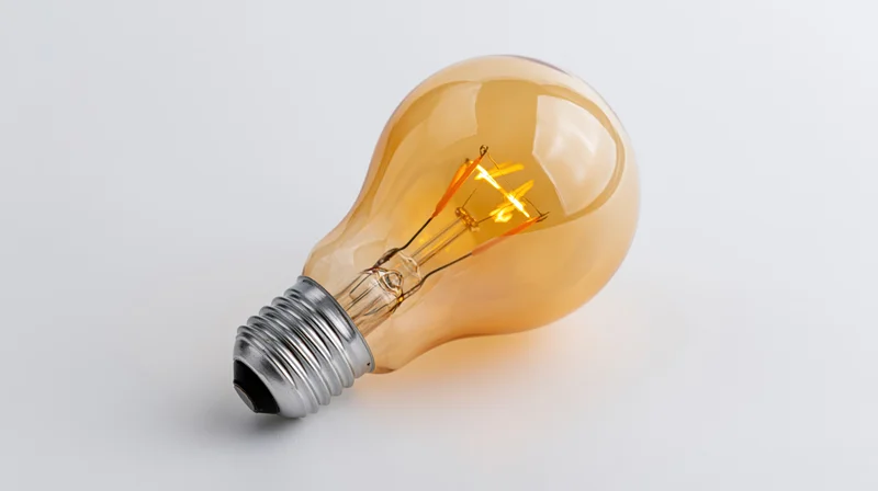 Glowing incandescent light bulb with visible filament on white background
