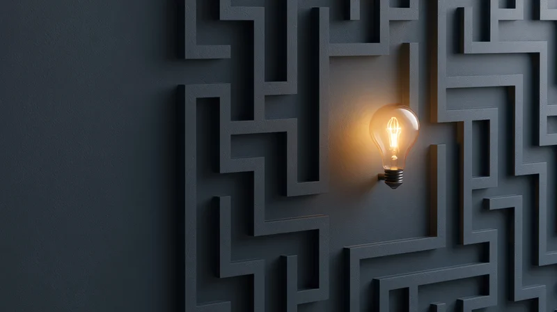 Glowing incandescent lightbulb embedded in a dark maze pattern on a textured wall