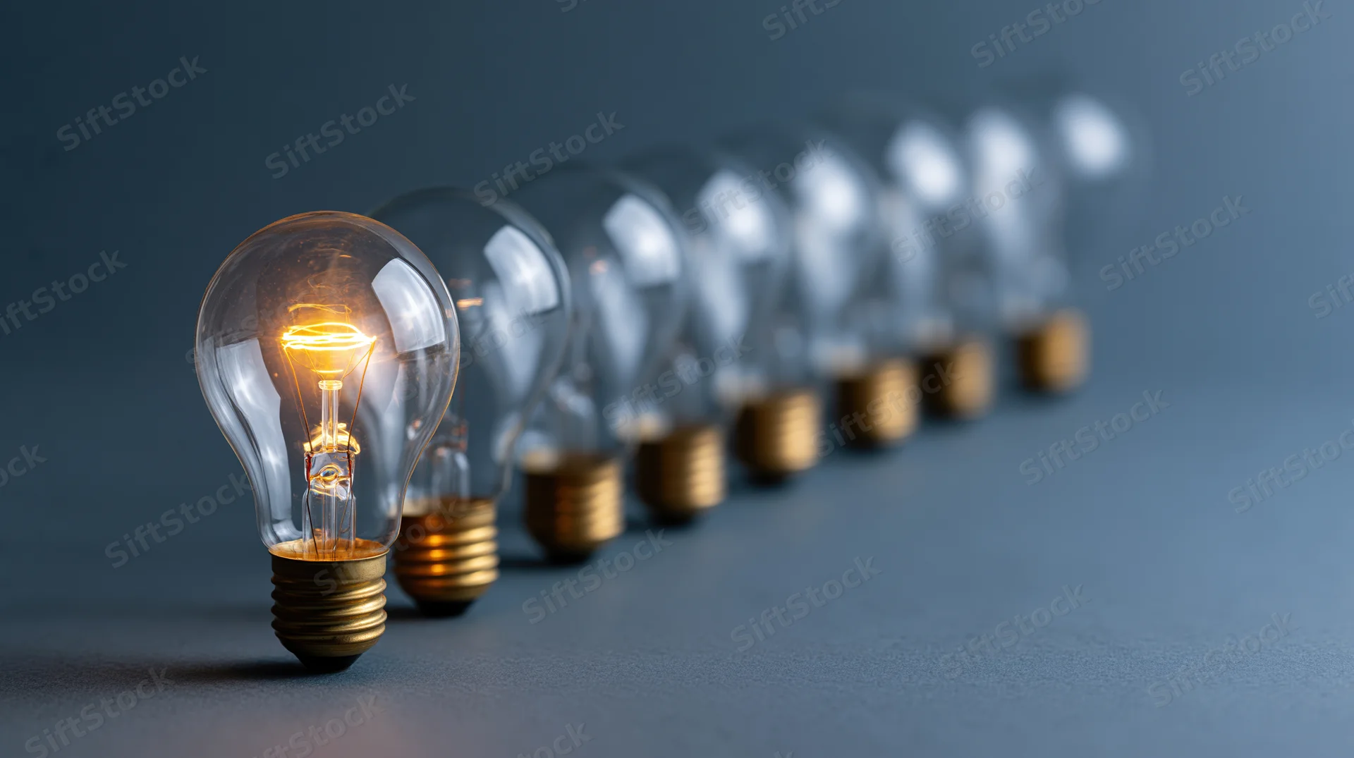 Single glowing incandescent light bulb in a row of unlit bulbs on a dark surface