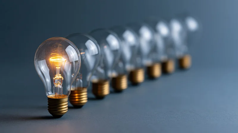 Single glowing incandescent light bulb in a row of unlit bulbs on a dark surface