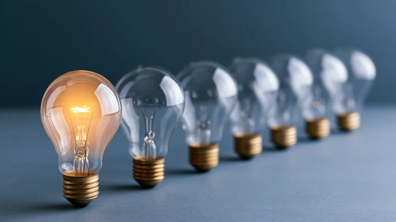 Glowing incandescent lightbulb in front of a row of unlit bulbs on a blue surface