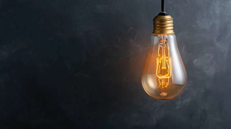 Glowing incandescent light bulb hanging against dark textured background with copyspace on left