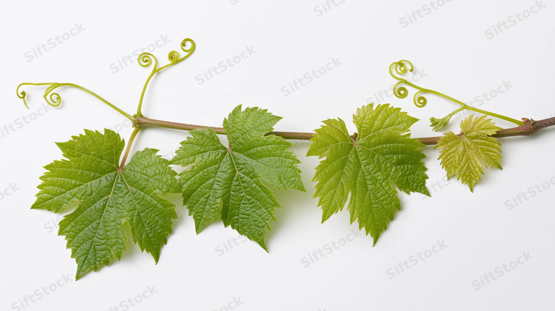 Grapevine cutting with green leaves and curling tendrils on white background