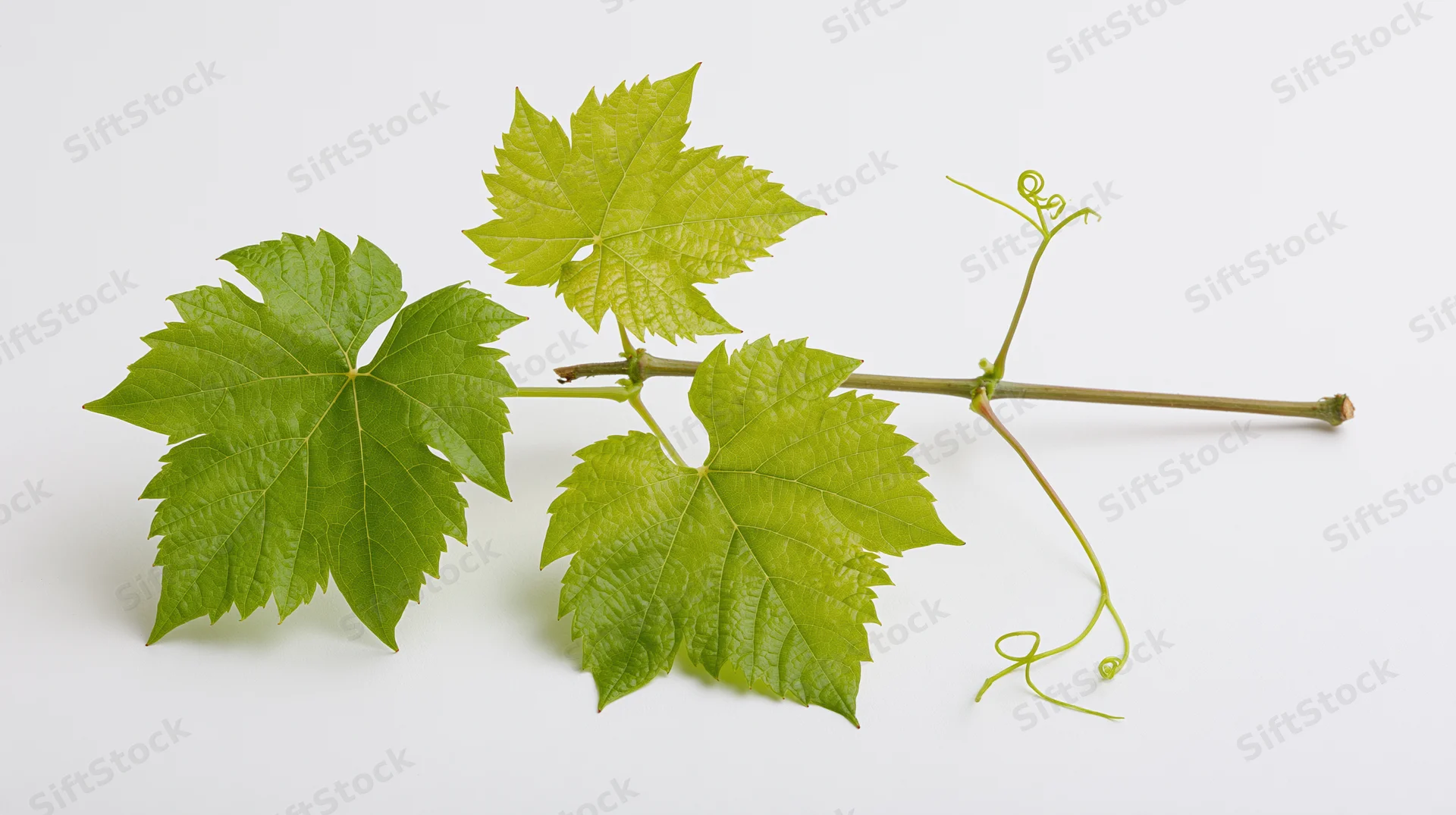 Grapevine cutting with green leaves and tendrils on white background