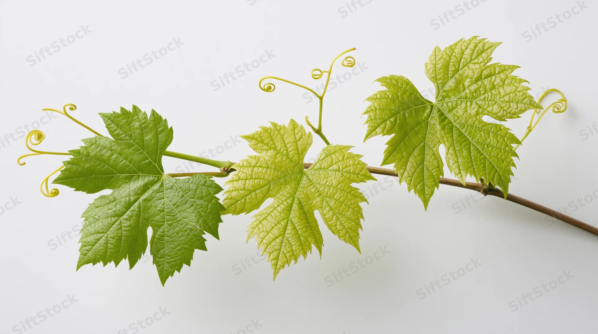 Grapevine cutting with green leaves and tendrils on white background
