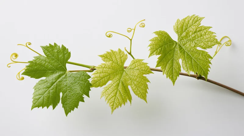 Grapevine cutting with green leaves and tendrils on white background