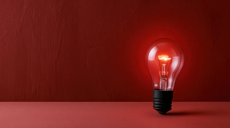 Glowing incandescent lightbulb on red surface against textured red wall