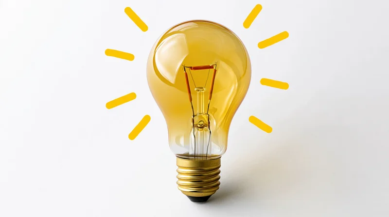 Incandescent light bulb with glowing filament and yellow rays on white background